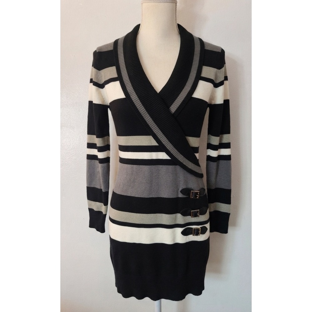 Vintage Say What? Y2K 90s Black Striped Collar Buckle Accent Sweater Dress M